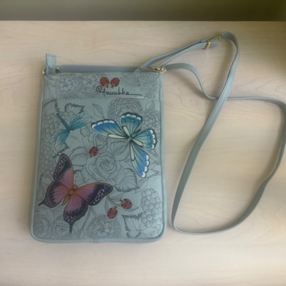 New Designer Anuschka Light Blue Floral Genuine Leather Shoulder Bag & Crossbody - Picture 10 of 11